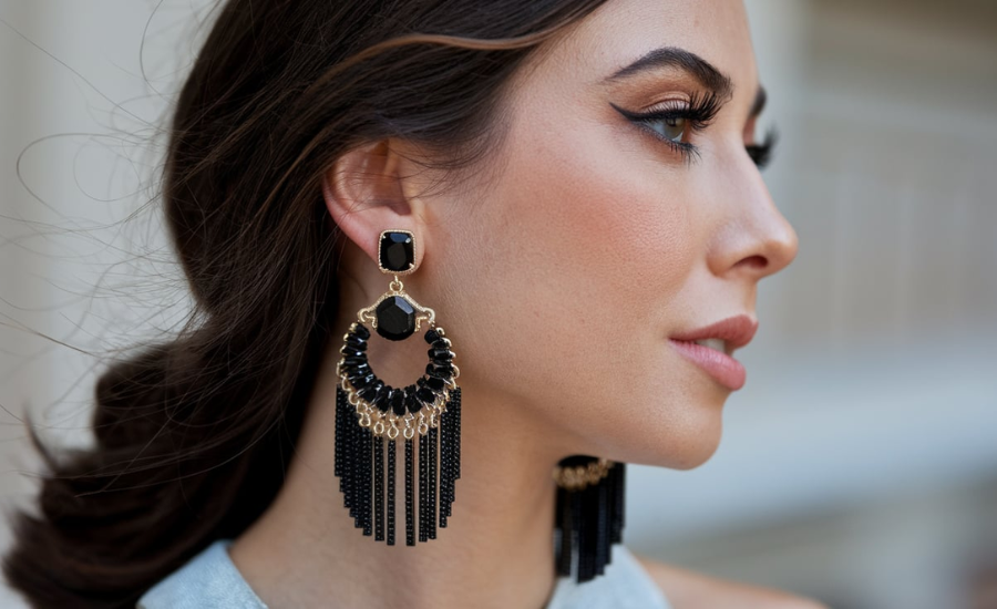 rj graziano black jet earrings fringe